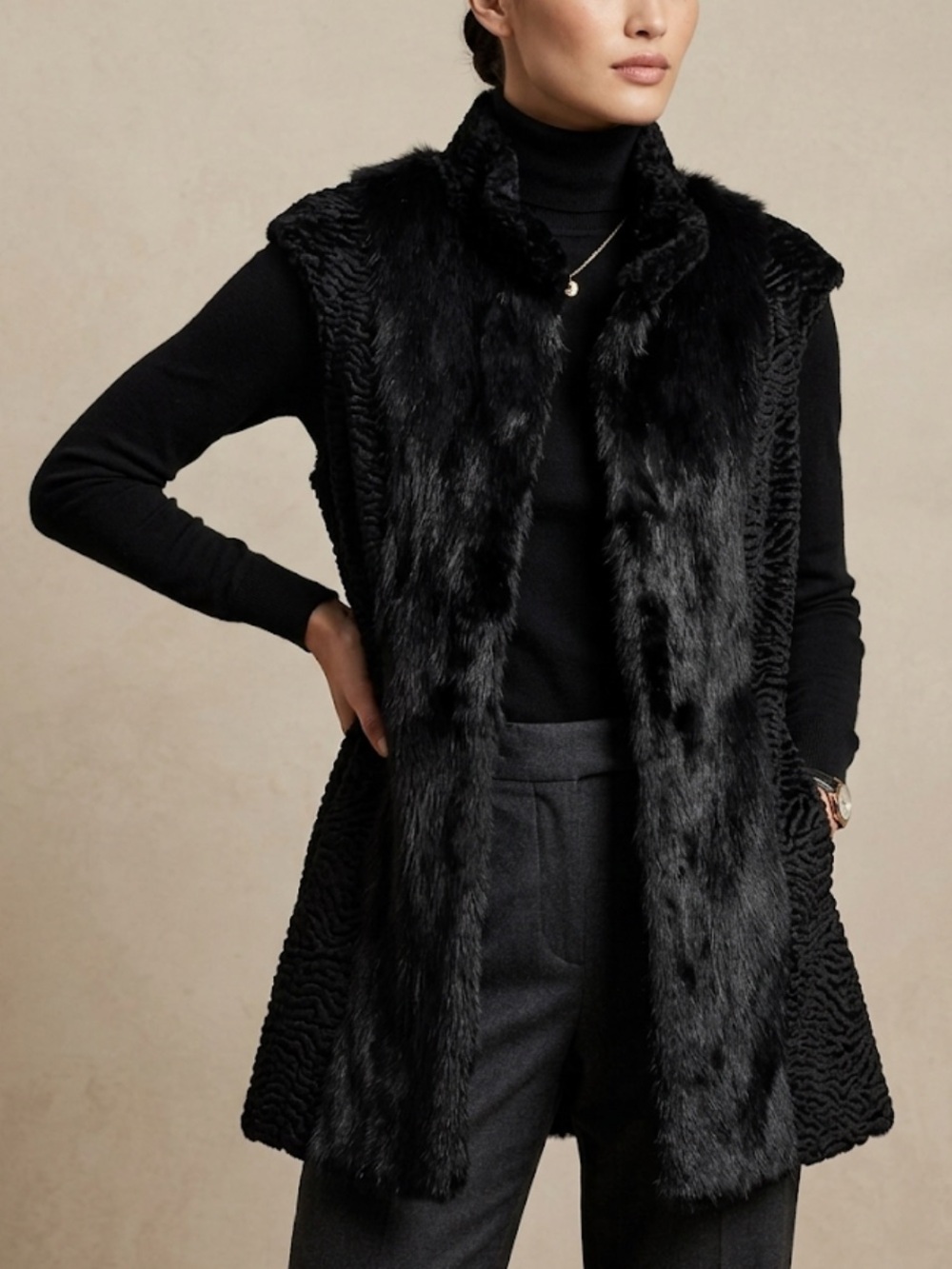 Bella Black Mink Faux Fur Textured Vegan Shag Vest Size M